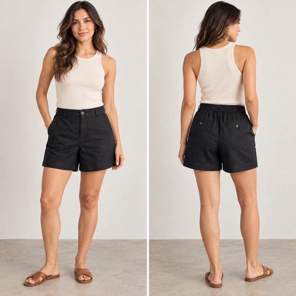 Quince 100% European Linen Trouser Shorts Black Size 8 NWT High Rise Chino